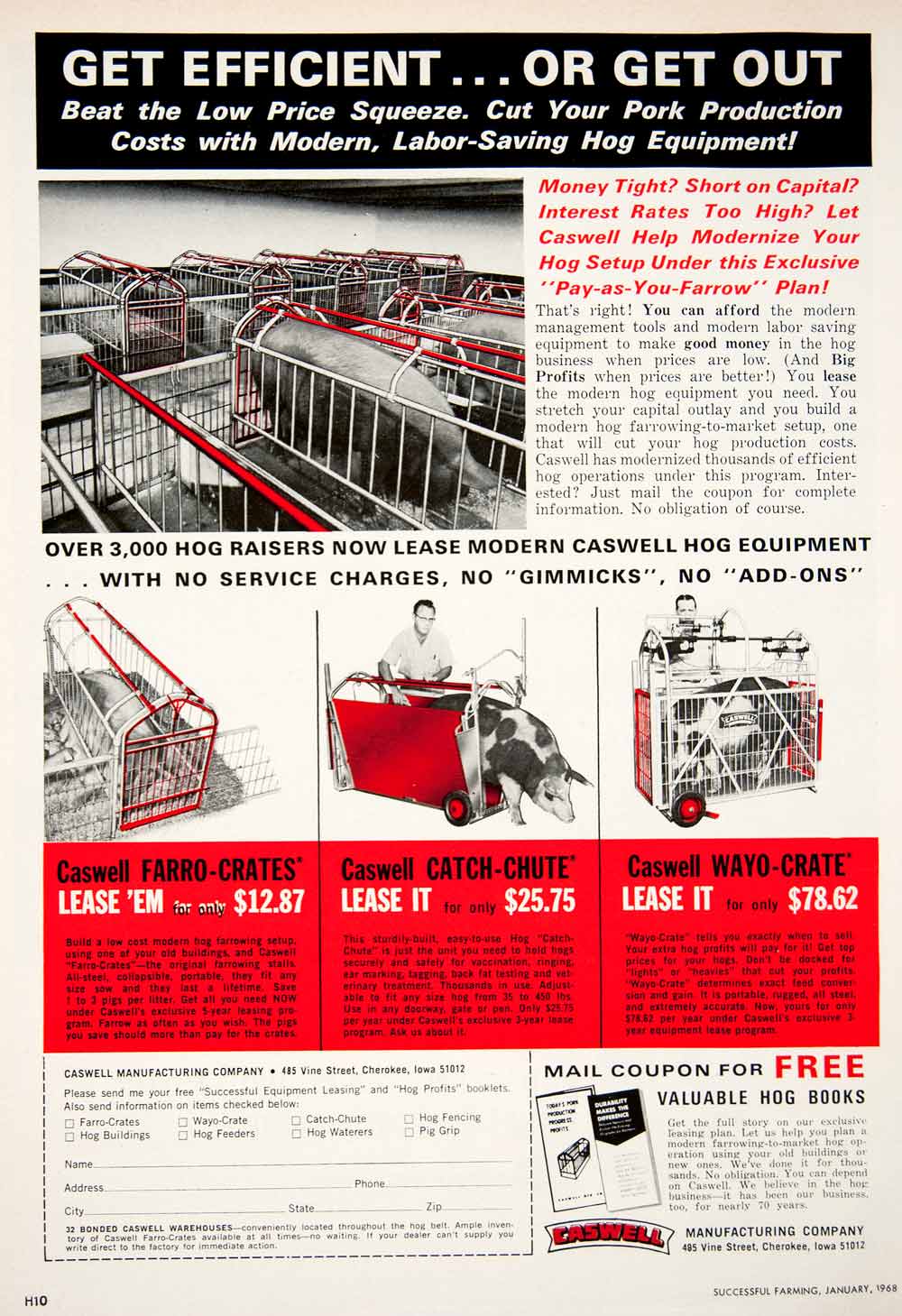 1968 Ad Caswell Manufacturing Cherokee Iowa Hog Pig Pen Pork Farro Crate SF1