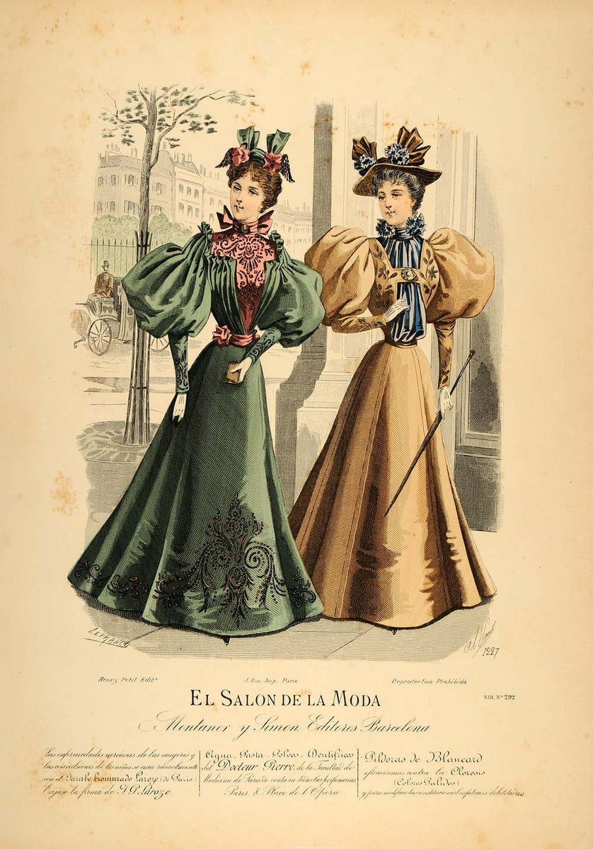 yellow victorian dress 1895 Victorian Lady Street Dress Costume Hat Lithograph