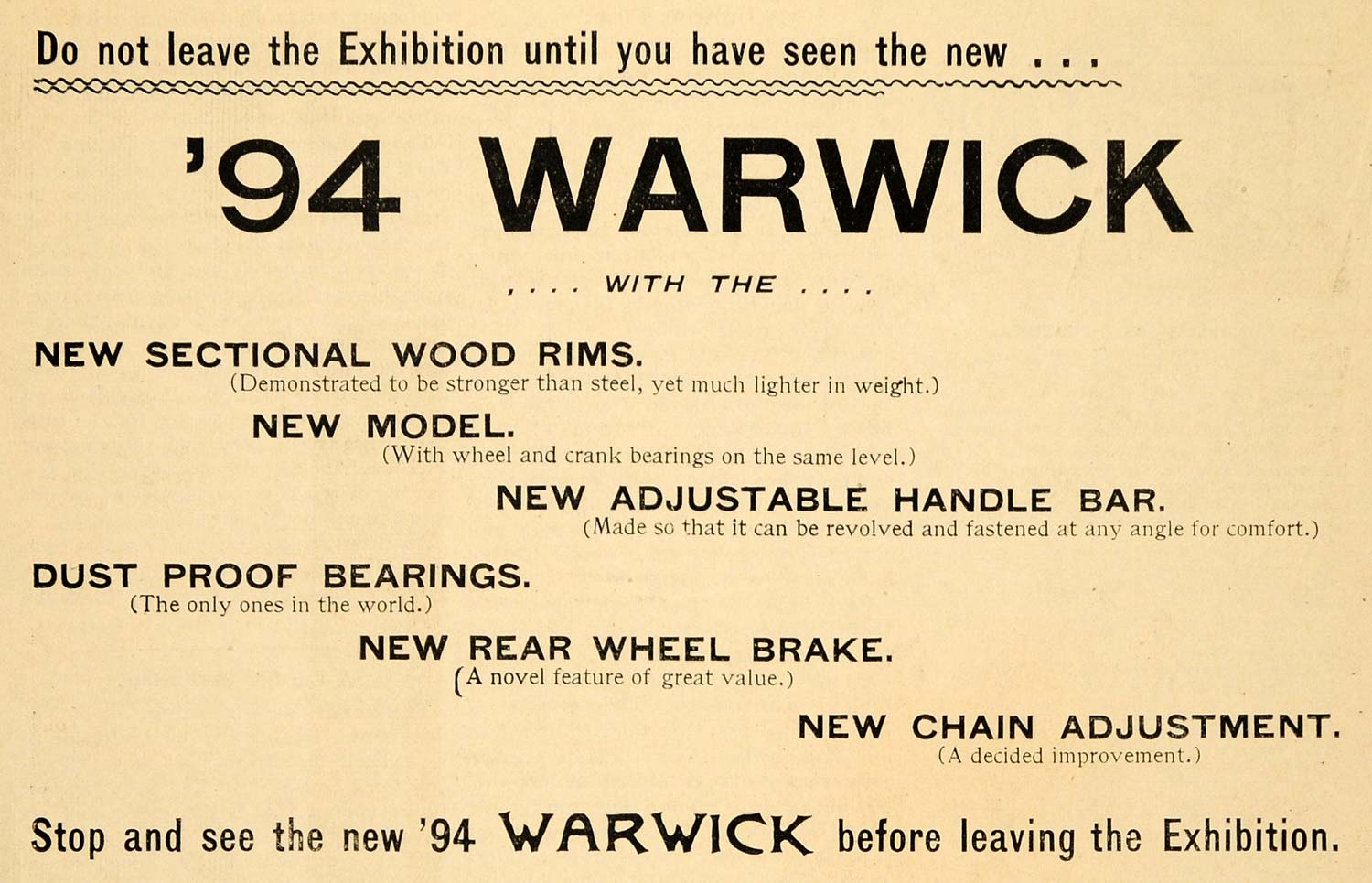 1894 Ad Warwick Bicycle Brake Wheel Exhibition Rims - ORIGINAL ADVERTISING TBW1