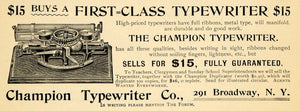 1895 Ad Champion First-Class Metal Typewriters New York - ORIGINAL TFO1