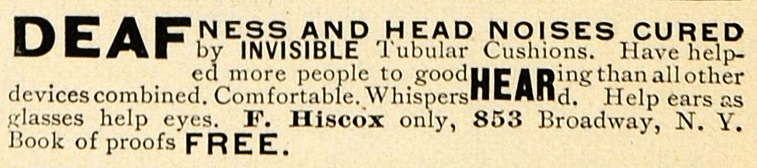 1895 Ad Invisible Tubular Cushion F Hiscox Deaf Cures - ORIGINAL TFO1