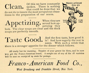 1891 Ad Franco-American Food Clean French Soups NY - ORIGINAL ADVERTISING TFO1