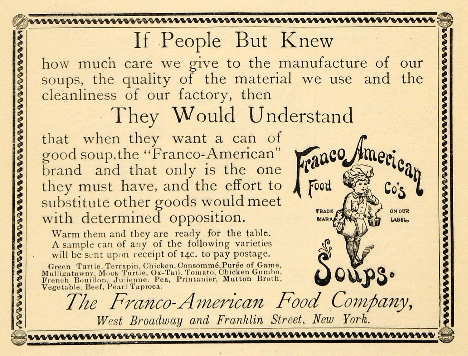 1891 Ad Franco-American Food Soup Varieties Clean NY - ORIGINAL ADVERTISING TFO1
