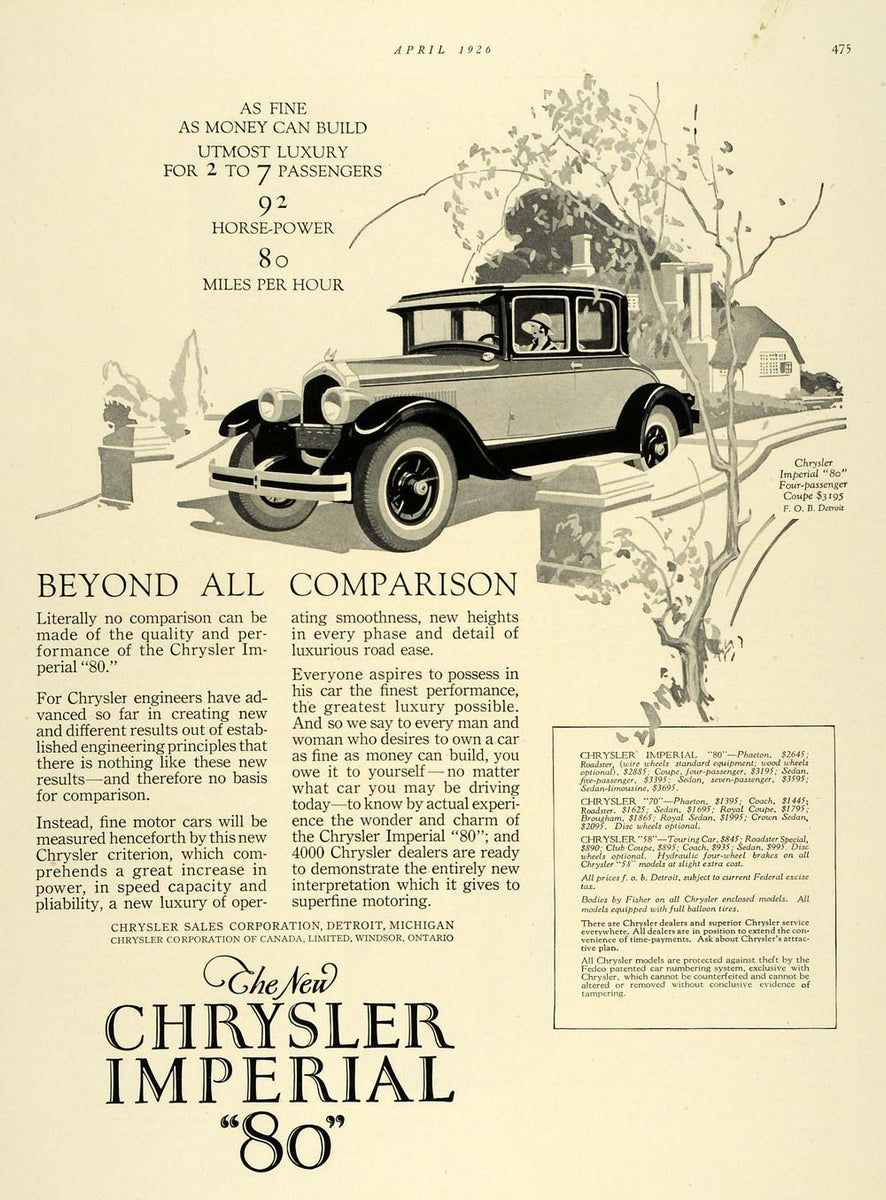 1926 Ad Chrysler Imperial 80 Antique Car Horsepower - ORIGINAL
