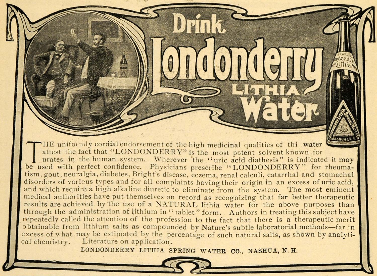 1903 Ad Londonderry Lithia Spring Drinking Water Health - ORIGINAL TIN1