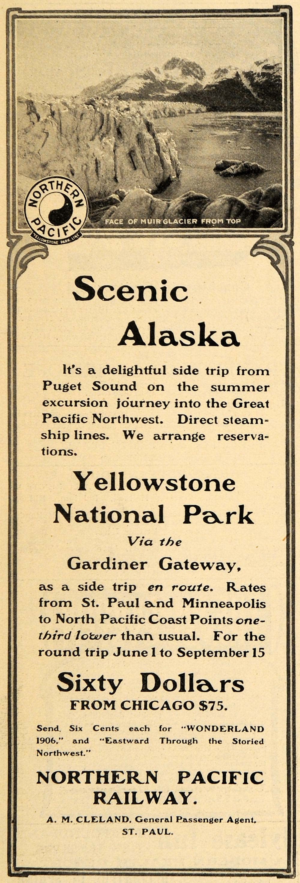 1906 Ad Northern Pacific Railway Logo Yellowstone Park - ORIGINAL TIN5