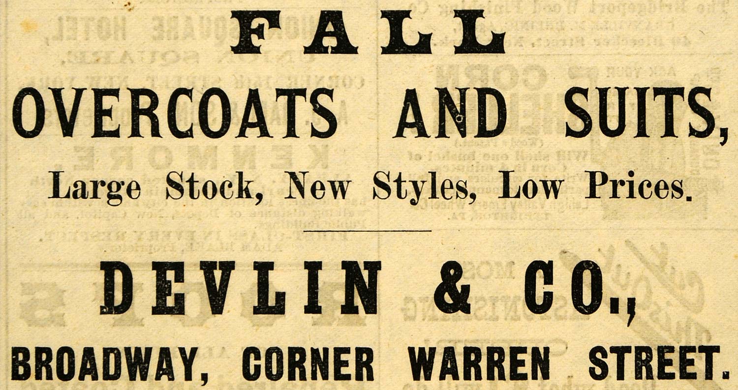 1882 Ad Devlin Fall Fashion Overcoats Suits New York - ORIGINAL ADVERTISING TIN6