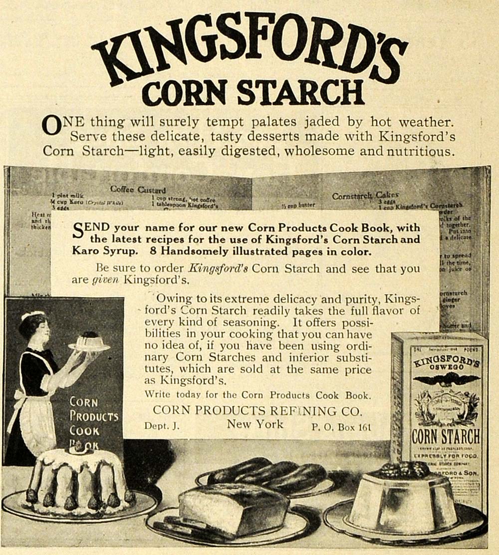 1913 Ad Kingsford Corn Starch Recipe Book Cooking Maid Baking Desserts