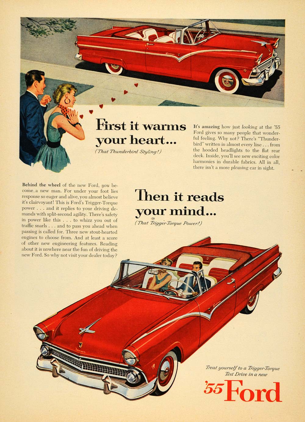 1955 Ad Red Ford Trigger Torque Car Automobile Hearts - ORIGINAL ADVERTISING TM6