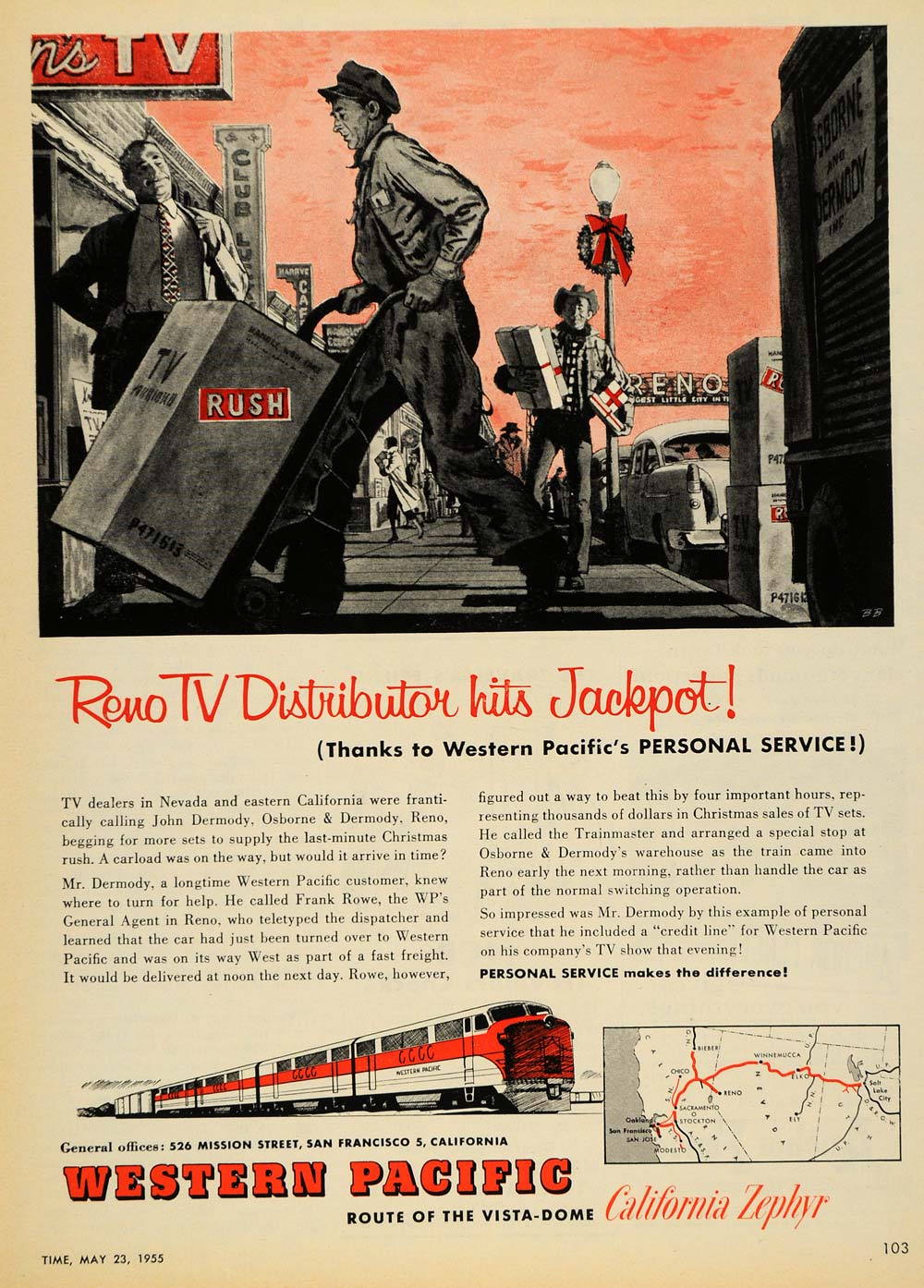 1955 Ad Western Pacific Railroad Reno Tv Deliver Train - ORIGINAL TM6