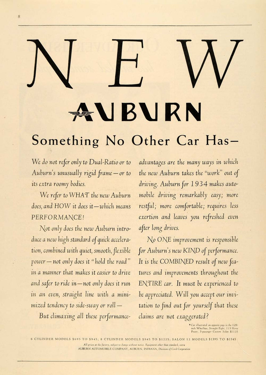 1934 Ad Auburn Automobile Co. 5 Passenger Custom Sedan - ORIGINAL TM6 ...