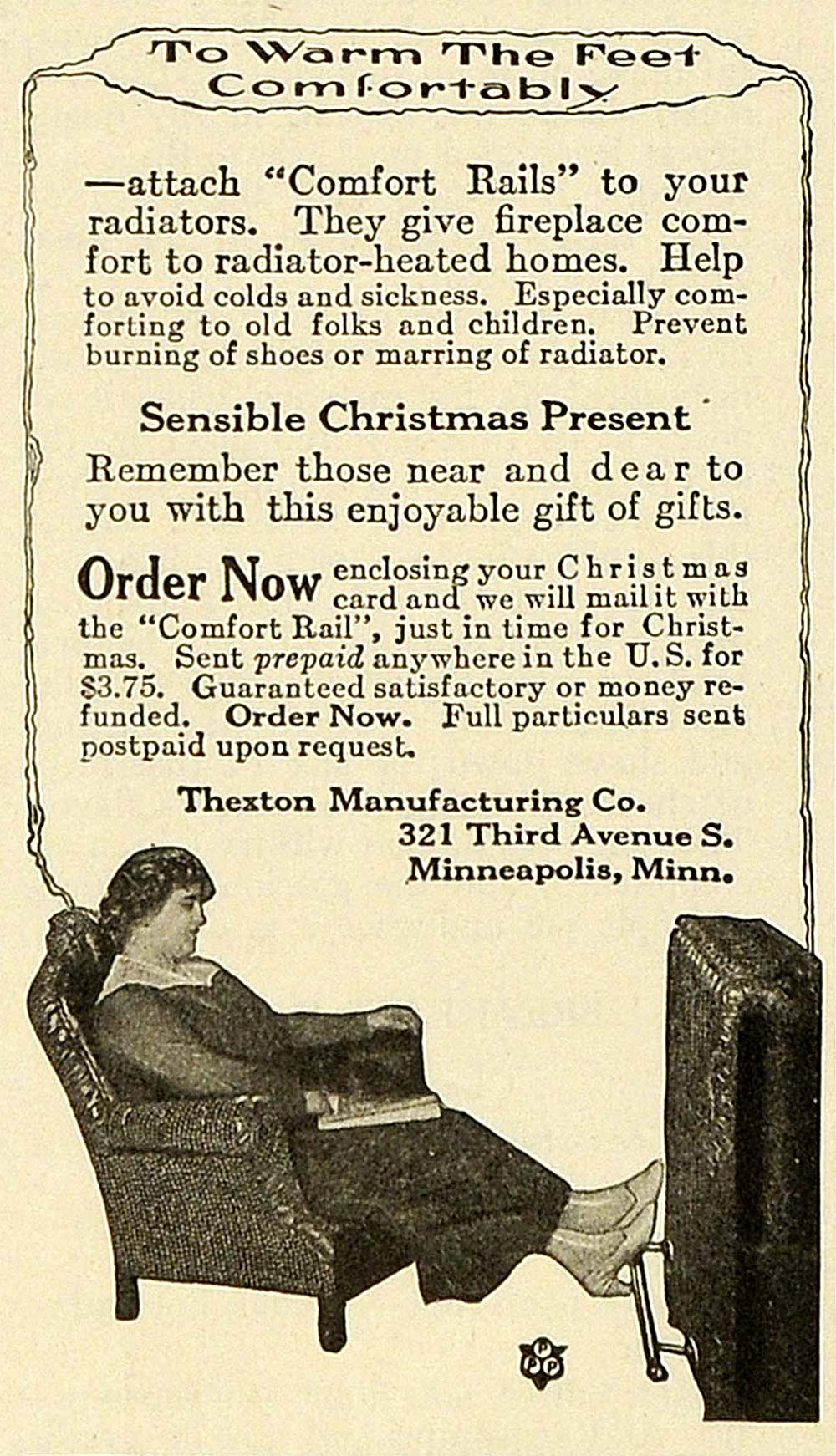 1919 Ad Christmas Gift Thexton Radiator Furnace Heat Comfort Rails Foot TMP2