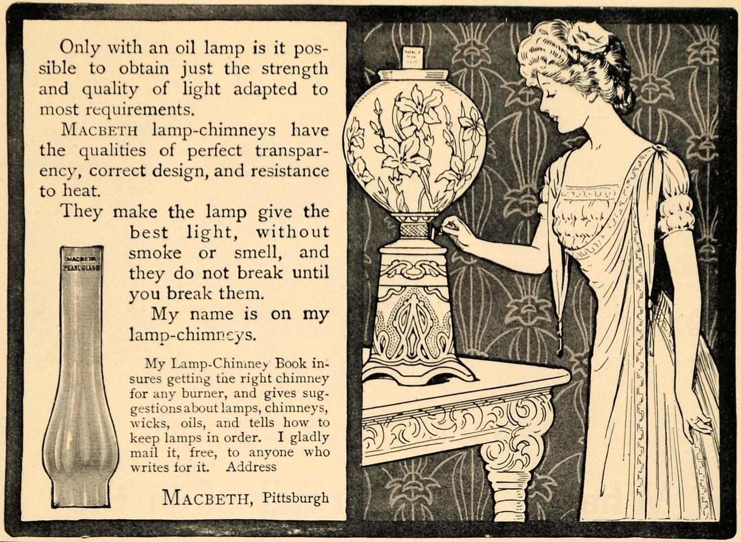 1909 Ad Macbeth Oil Lamp Chimney Decor Light Fixture - ORIGINAL ADVERTISING TOM1