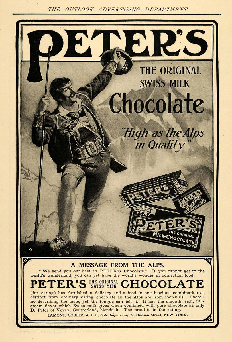 【ビンテージ50s60s】ADA MILK啓発ポスター ミッドセンチュリーモダン 1906 Ad Peters Original Swiss Alps Milk Chocolate Candy - ORIGINAL