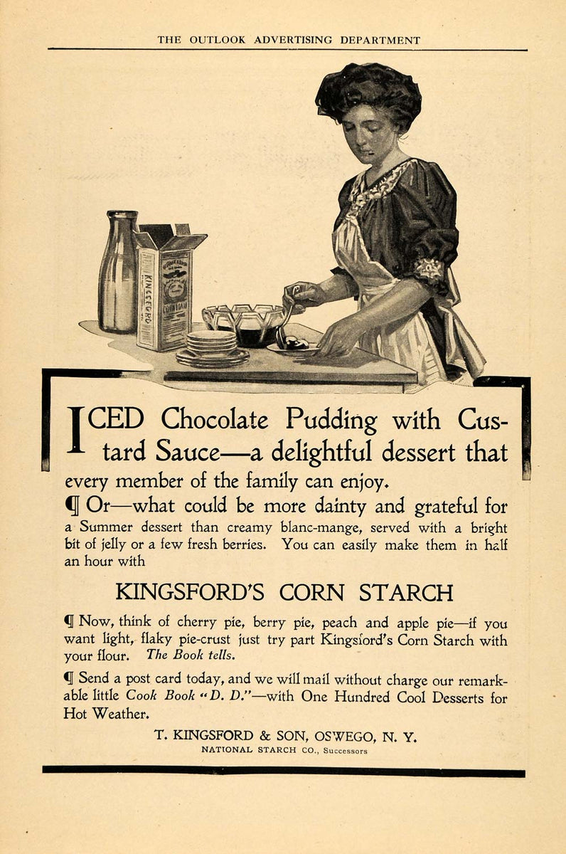 1909 Ad Kingsford Corn Starch Chocolate Pudding Custard ORIGINAL TOM