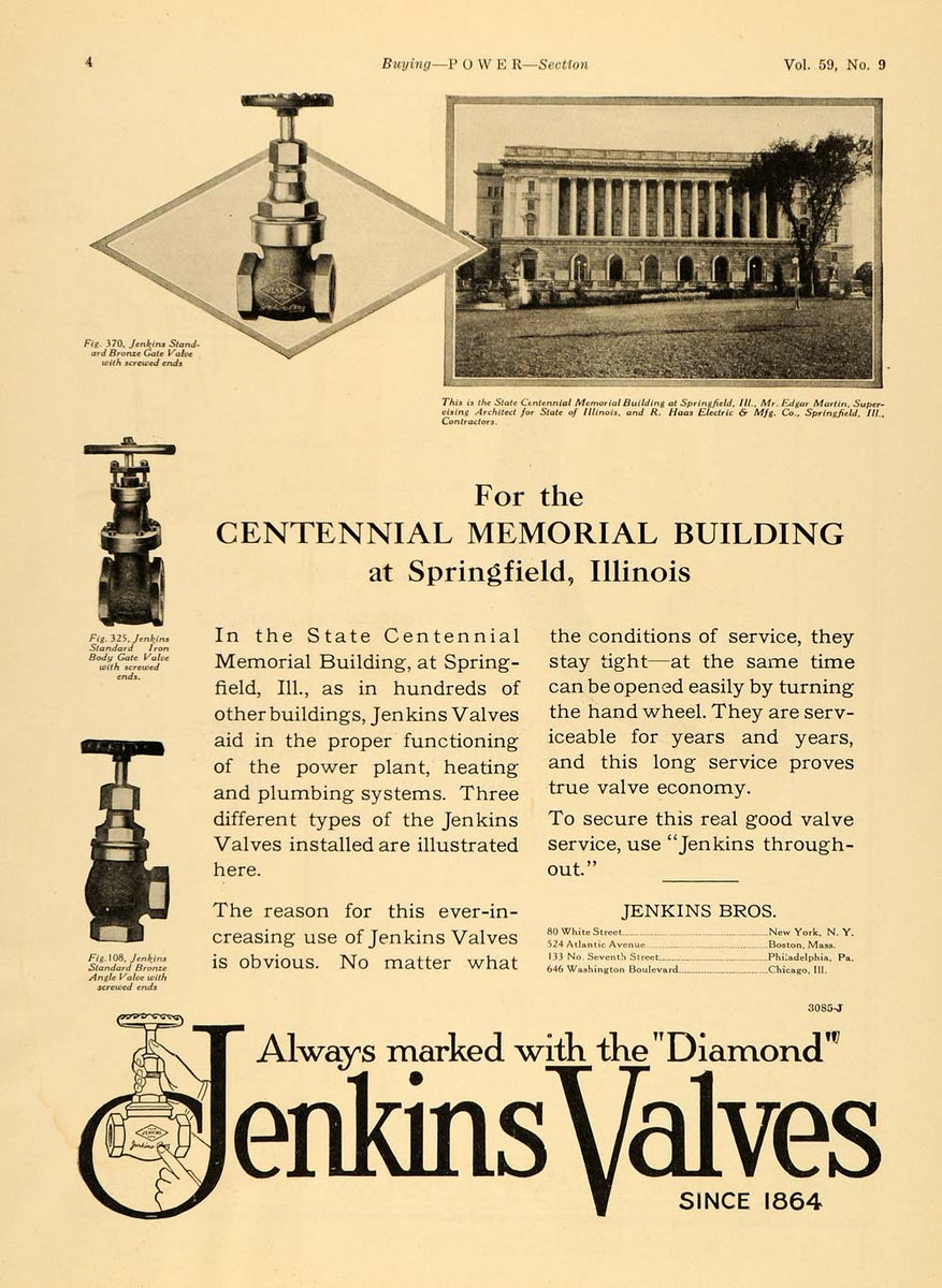 1924 Ad Jenkins Valves Diamond Centennial Memorial Bldg ORIGINAL TPM