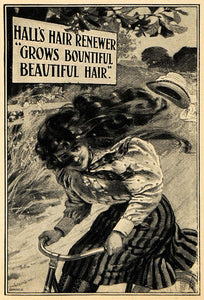 1898 Ad Artist Binner Girl Bicycling Halls Hair Renewer - ORIGINAL TSM1