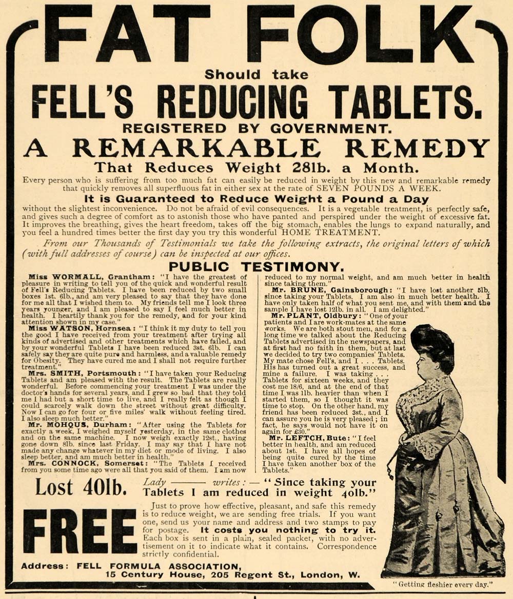 1904 Ad Fat Folk Fell's Reducing Tablets Cure 28lbs/Mo - ORIGINAL TSM2