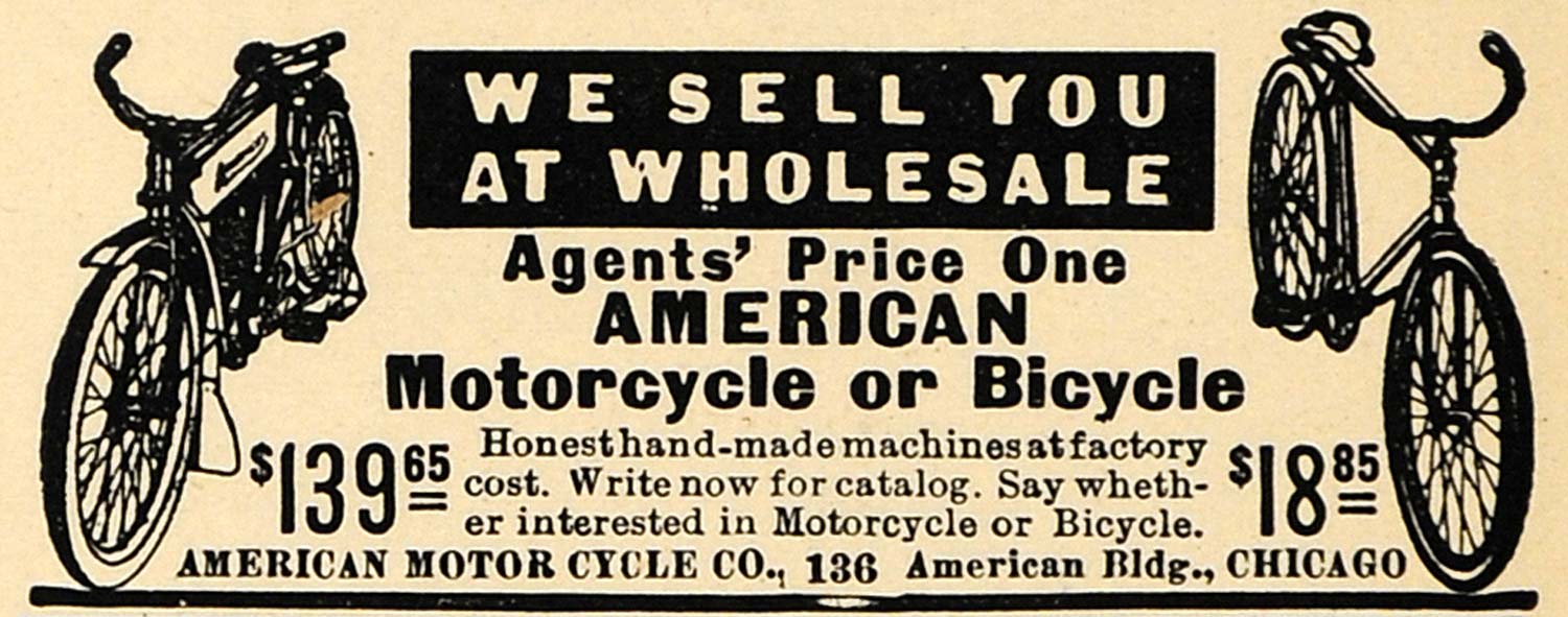 1912 Ad American Motorcycles Wholesale Bicycles Sellers - ORIGINAL TW1