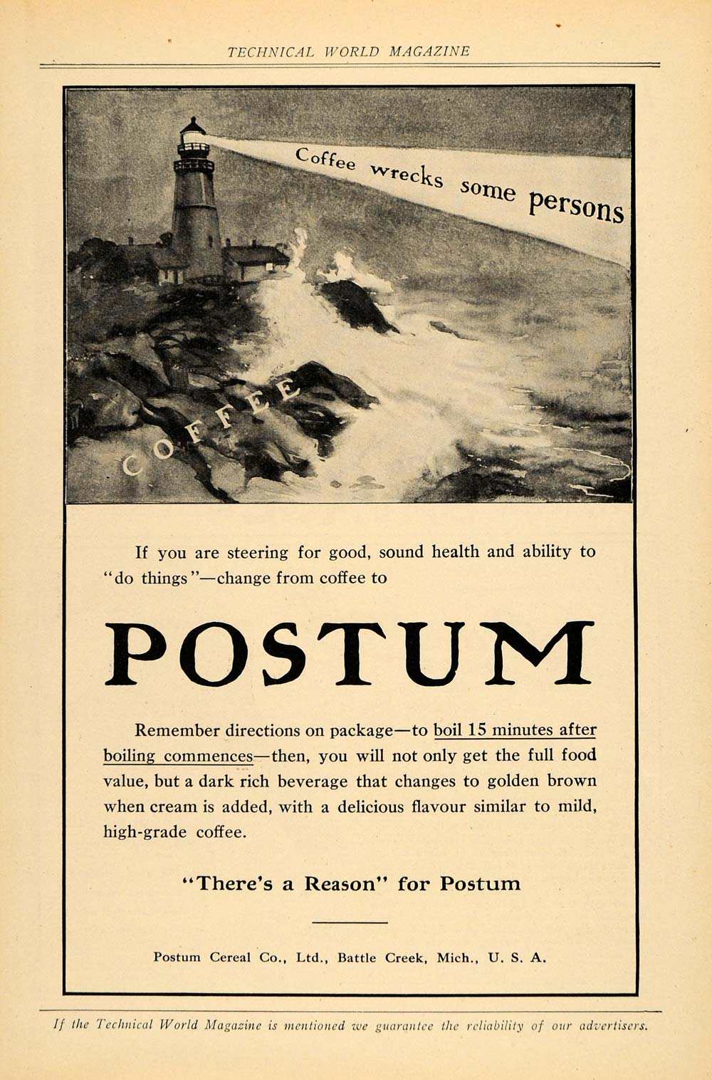 1910 Ad Postum Cereal Coffee Substitute Light House - ORIGINAL ADVERTISING TW3