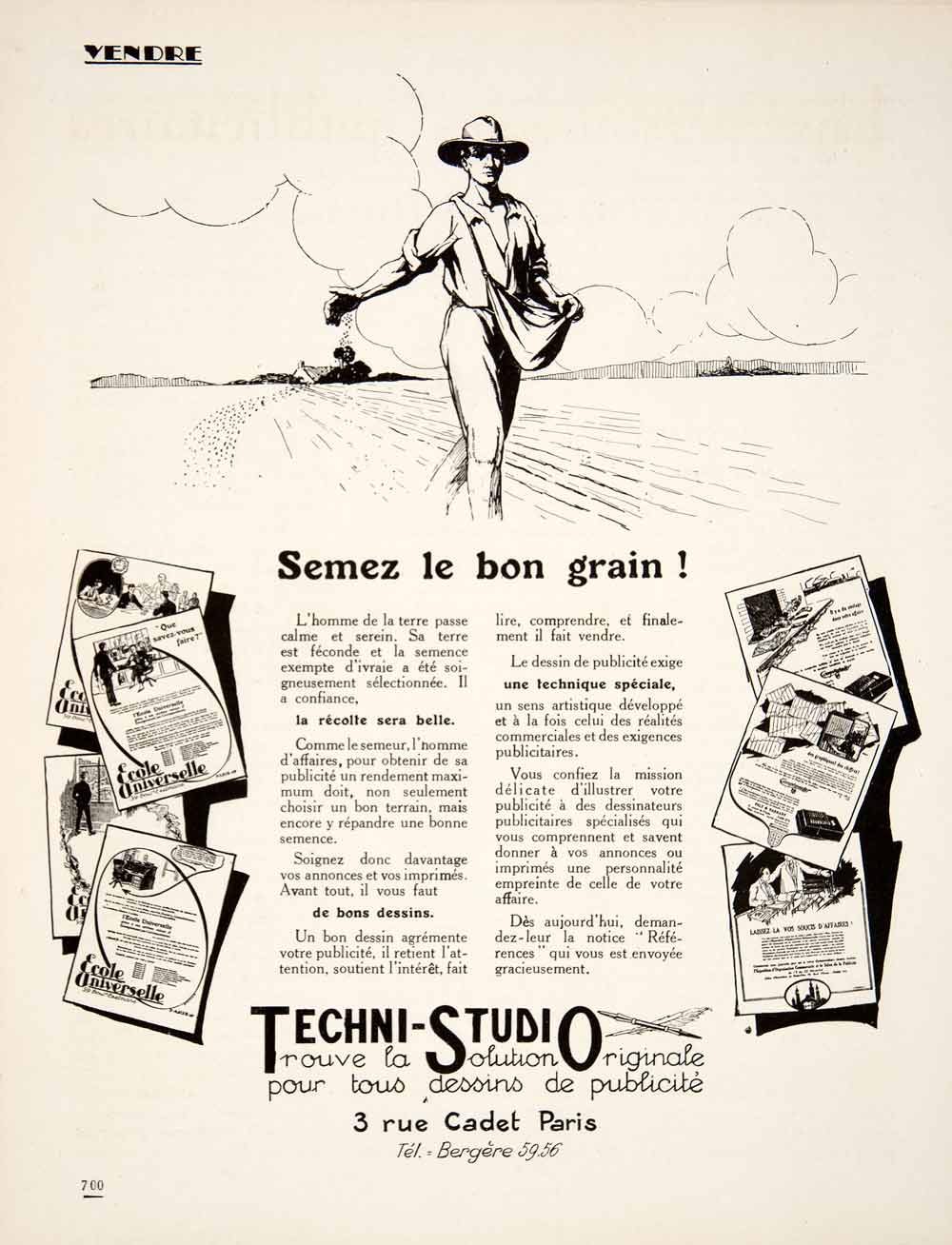 1924 Ad Techni-Studio 3 Rue Cadet Paris Farmer Sowing Seeds Advertising VEN3