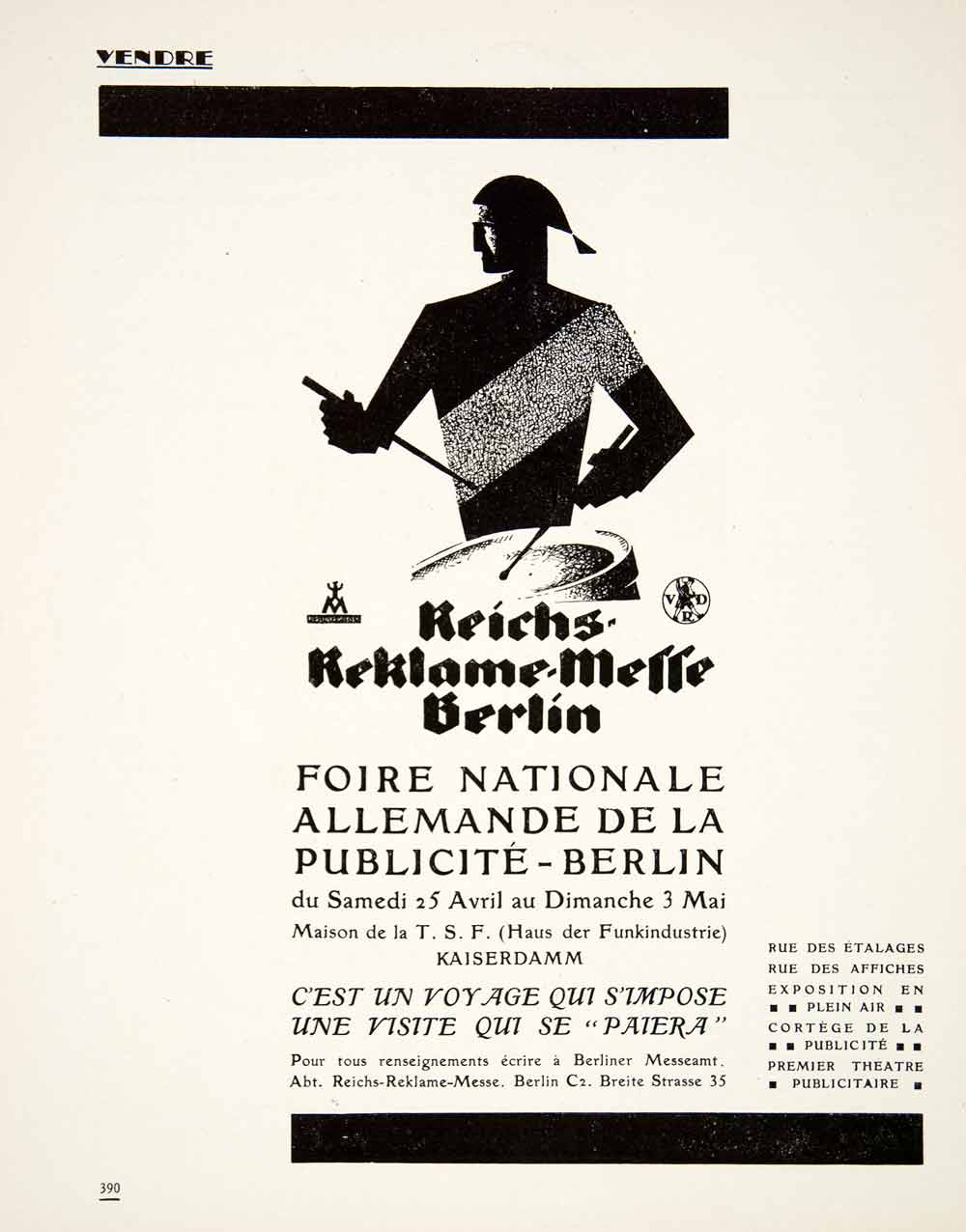 1925 Ad German Advertising Faire Berlin Reichs Reklame-Melle French Drummer VEN3