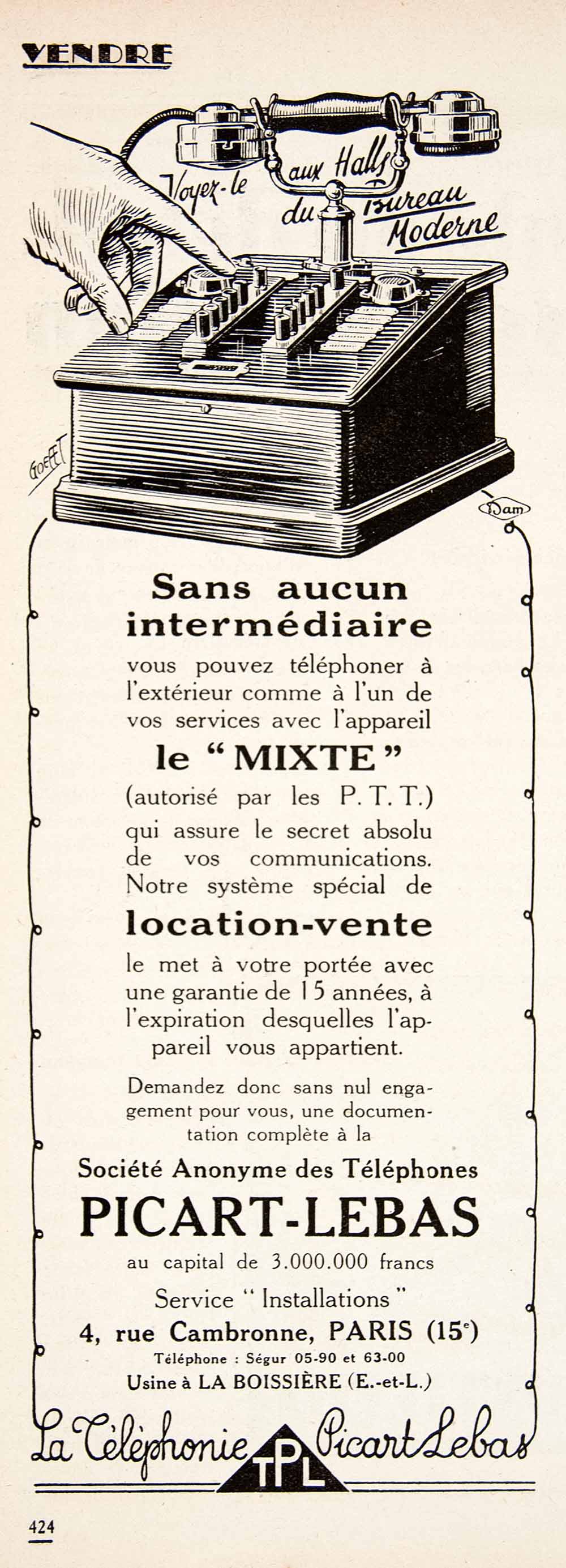 1925 Ad Picart-Lebas 4 Rue Cambronne Mixte Telephone French Intercom VEN3