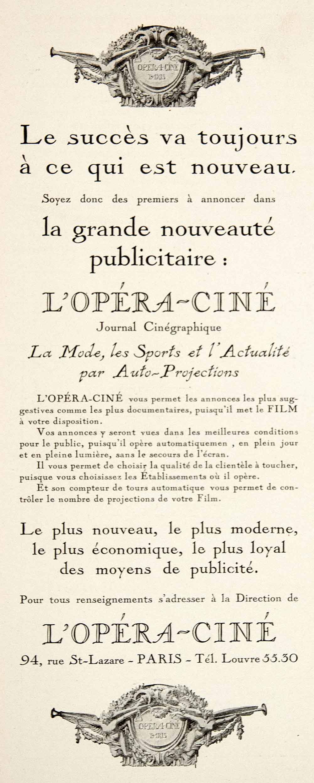 1925 Ad L'Opera-Cine Film Advertising Cinema Marketing Agency 94 Rue St VEN4