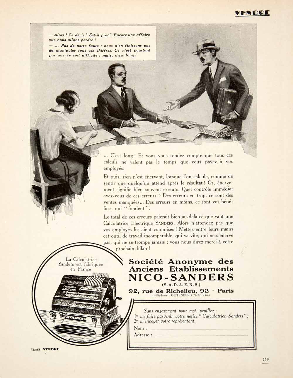 1926 Ad Nico Sanders 92 Rue Richelieu Paris Calculation Machine Accounting VEN4