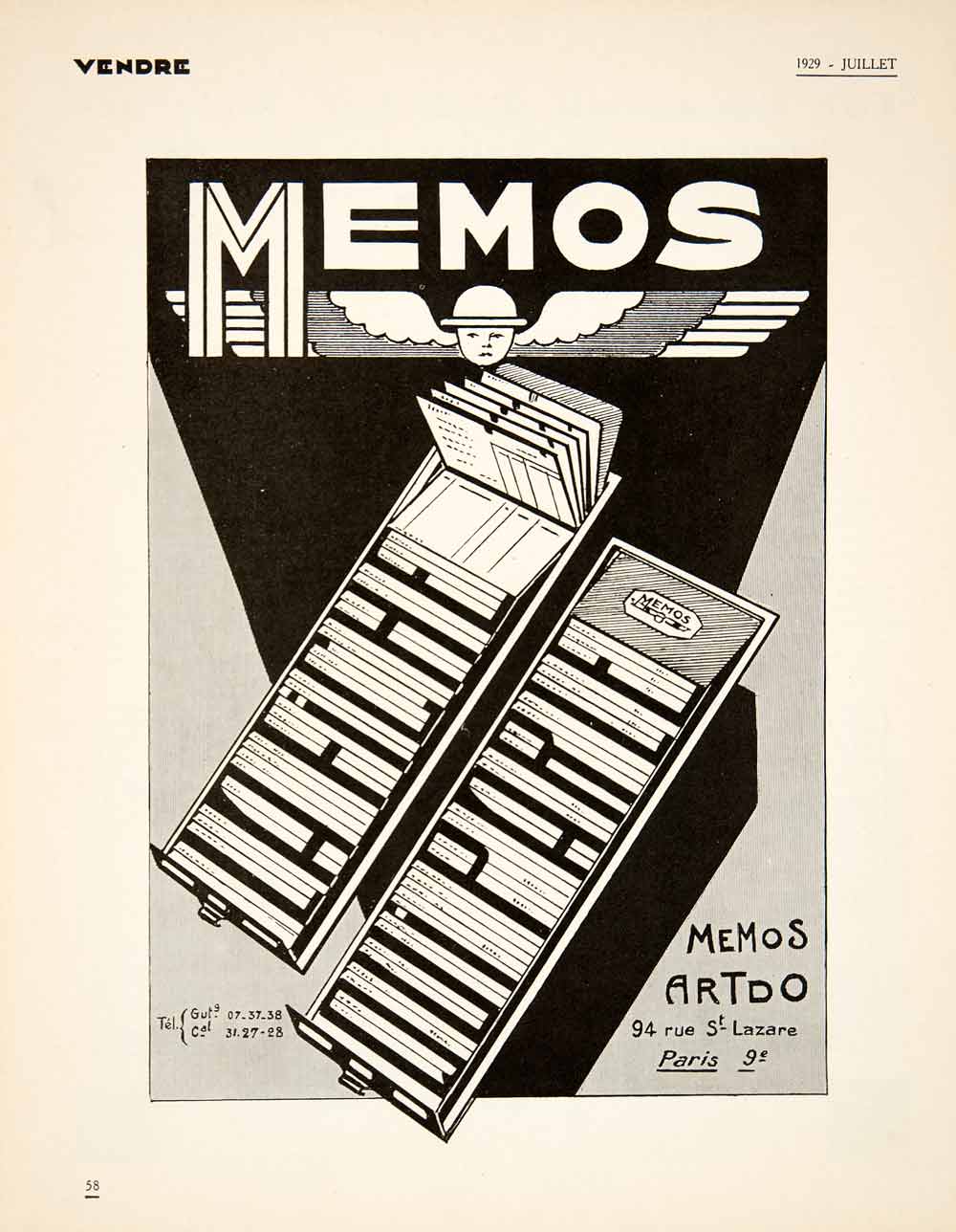 1929 Ad Art Deco French Memos Artdo Business Office Card Filing System VEN5