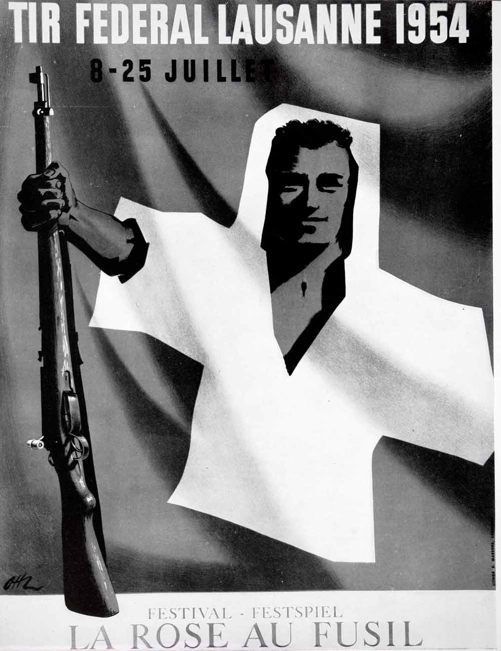 1954 Print La Rose Au Fusil Tir Federal Lausanne Gun Rifle Weapon Festival VEN8