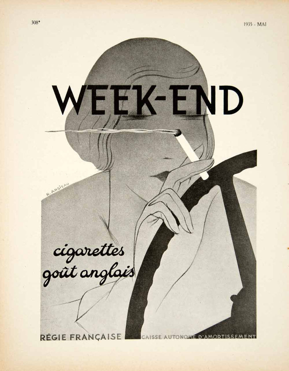1935 Ad Vintage French Week-End Cigarettes Woman Smoking Roland Ansiea