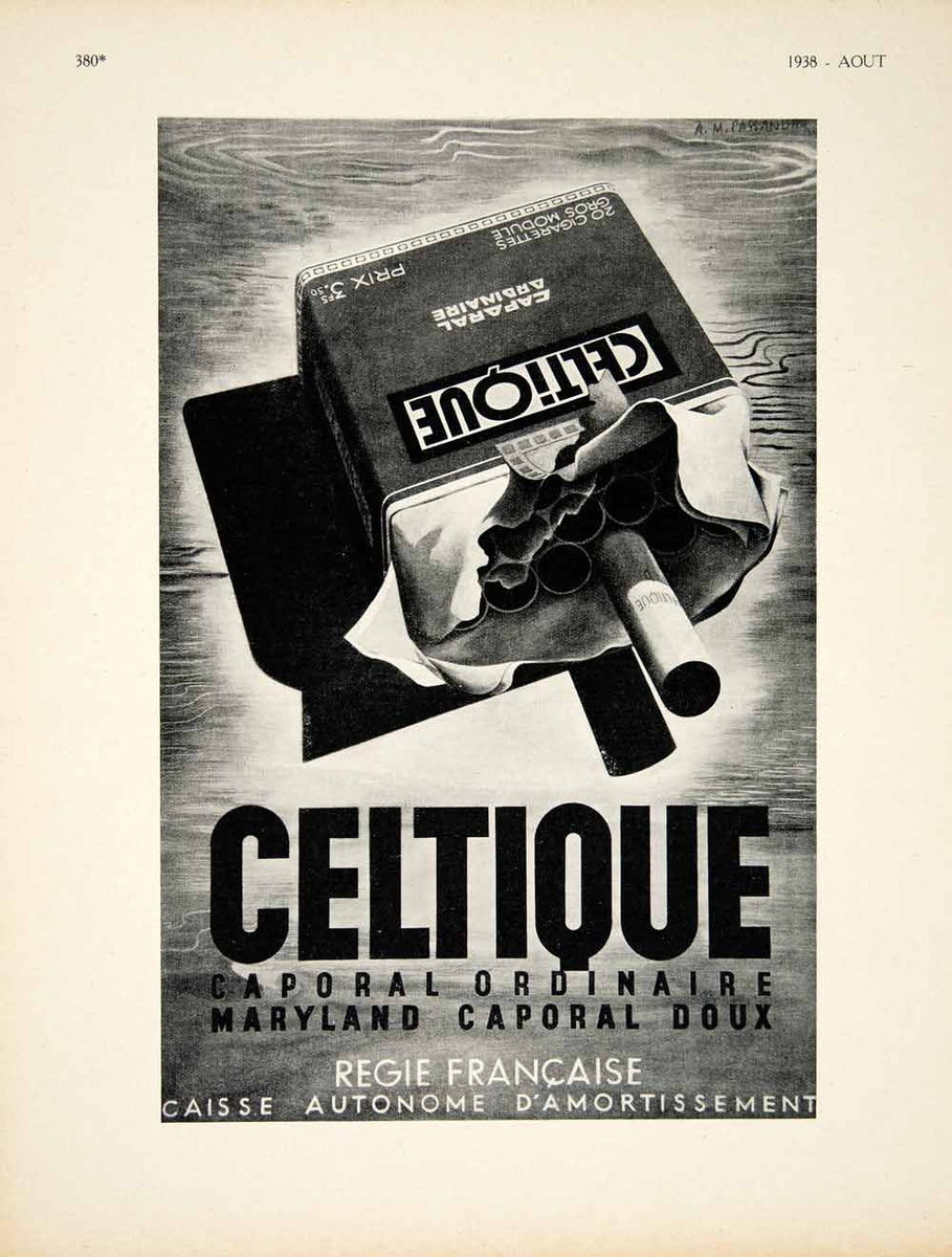 1938 Ad Vintage French Celtique Cigarettes Art Deco Box Smoking Tobacc