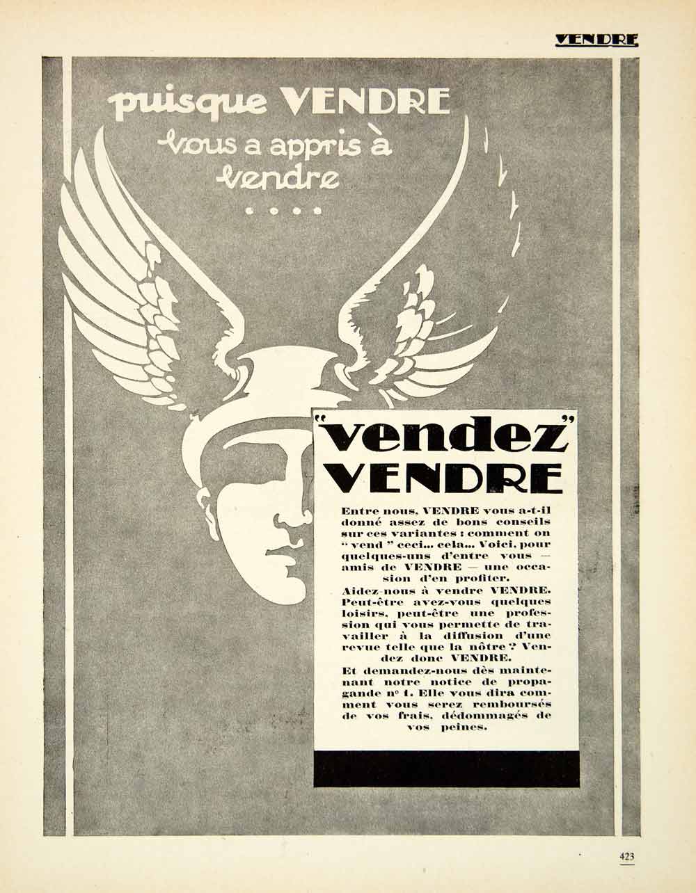1927 Advertising Vendre Hermes Winged Helmet Promotion Publication French VENA3