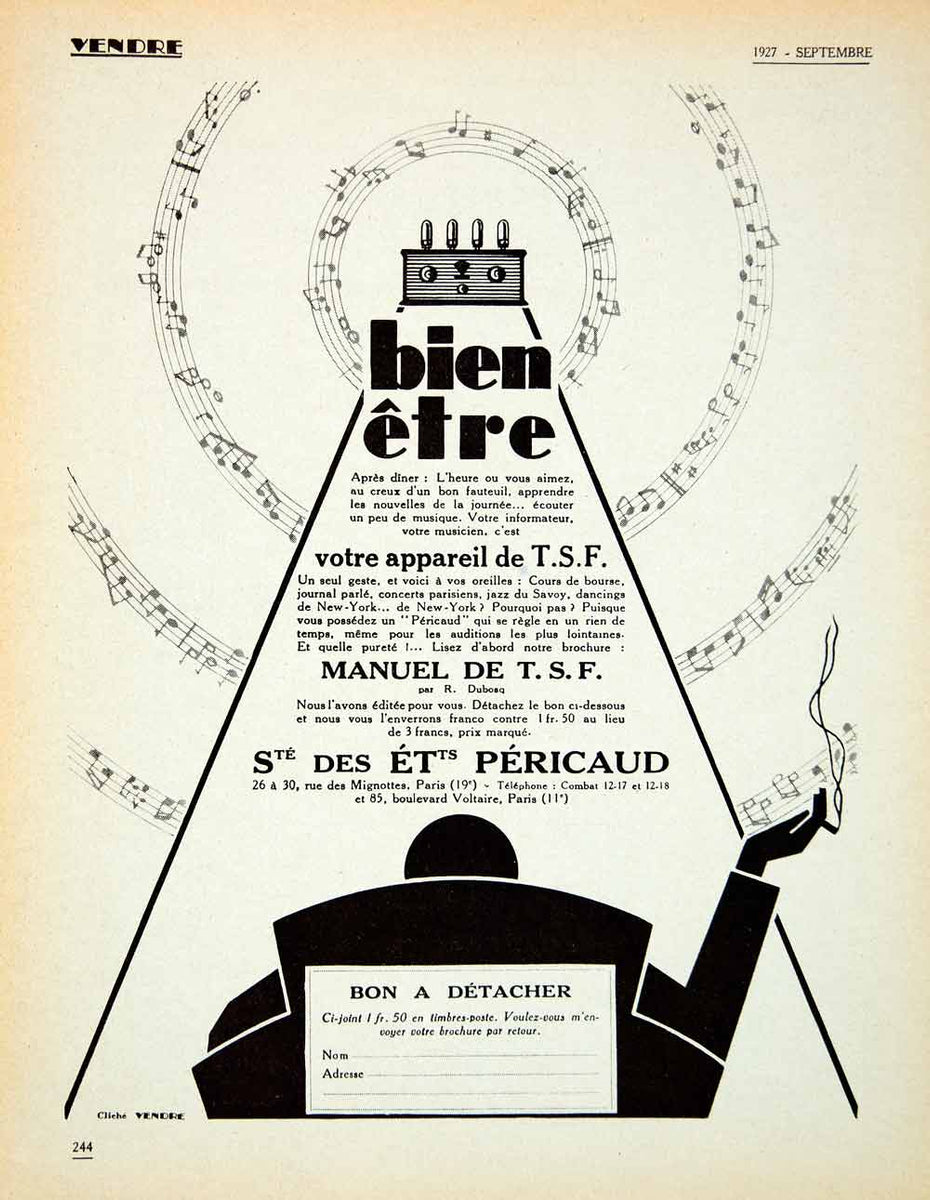 1927 Advert Pericaud Radio Music 26 Rue Mignottes Paris R Dubosq TSF V 1927-advert-pericaud-radio-music-26-rue-mignottes-paris-r-dubosq-tsf-v