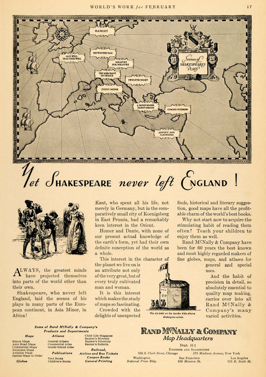 Art　1930　of　Ad　Rand　Period　LLC　McNally　Historic　Maps　Scenes　ORIGINAL　Shakespeare　Plays　Paper　ADVER　–