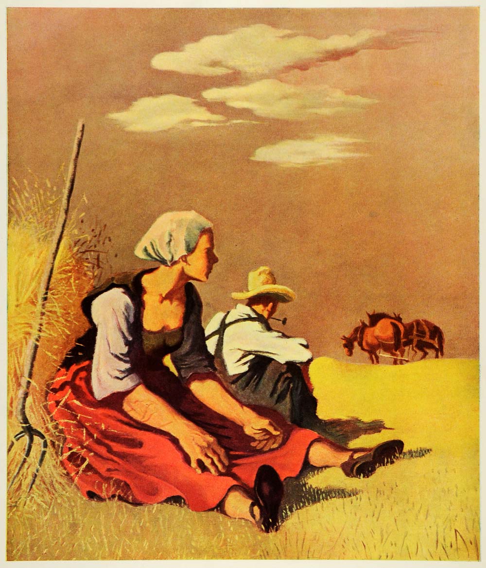 1945 Print Kansas Noon Farmer Horse Pitchfork Painting Georges Schreiber XAA5