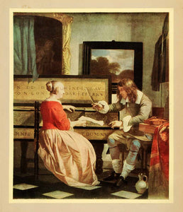 1914 Tipped-In Print Musician Lesson Portrait Gabriel Metsu Dutch Flemish XAE9