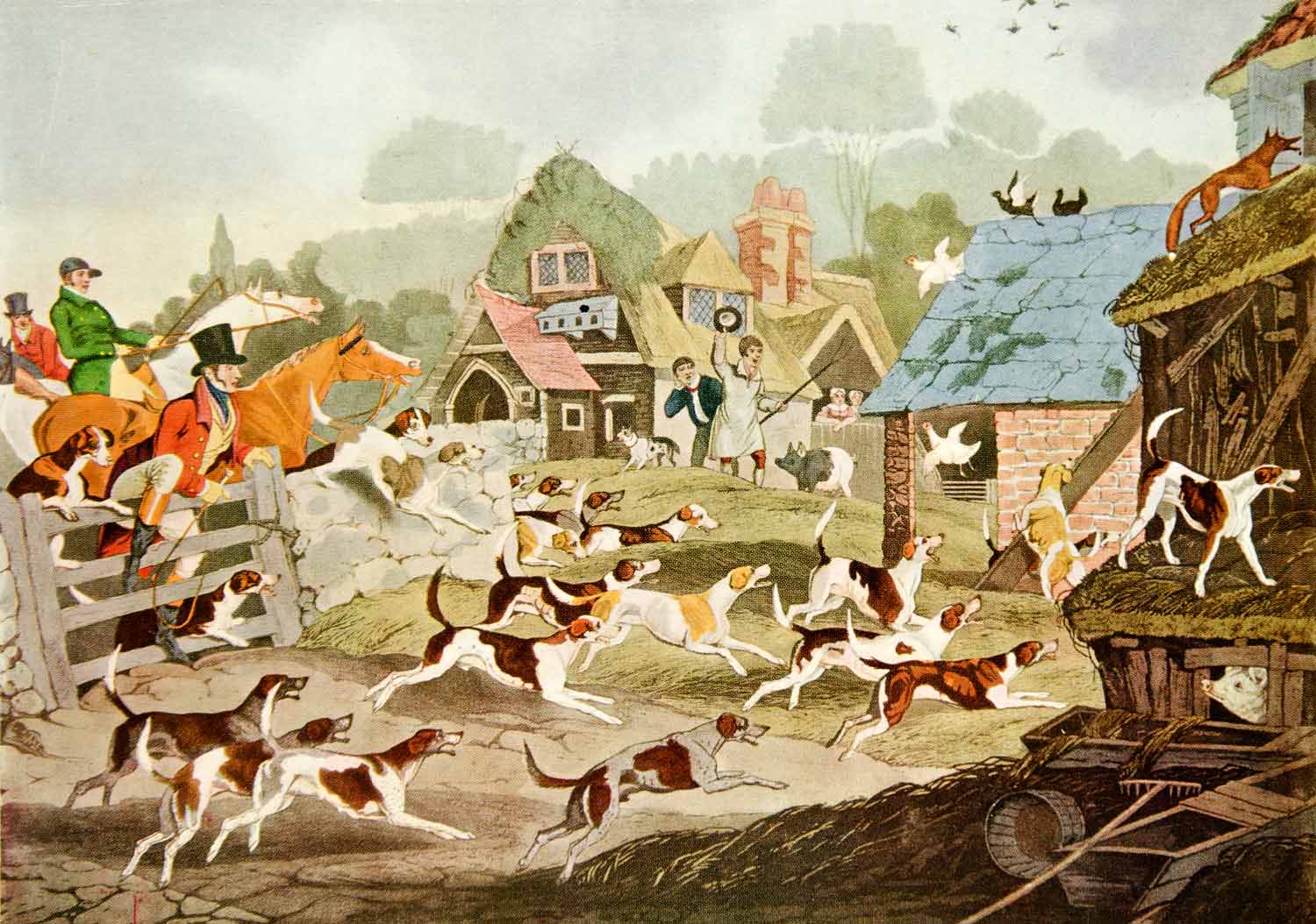 1954 Color Print Death Postponed Foxhound Hunt Chaos Cityscape Dog Animals XAEA8