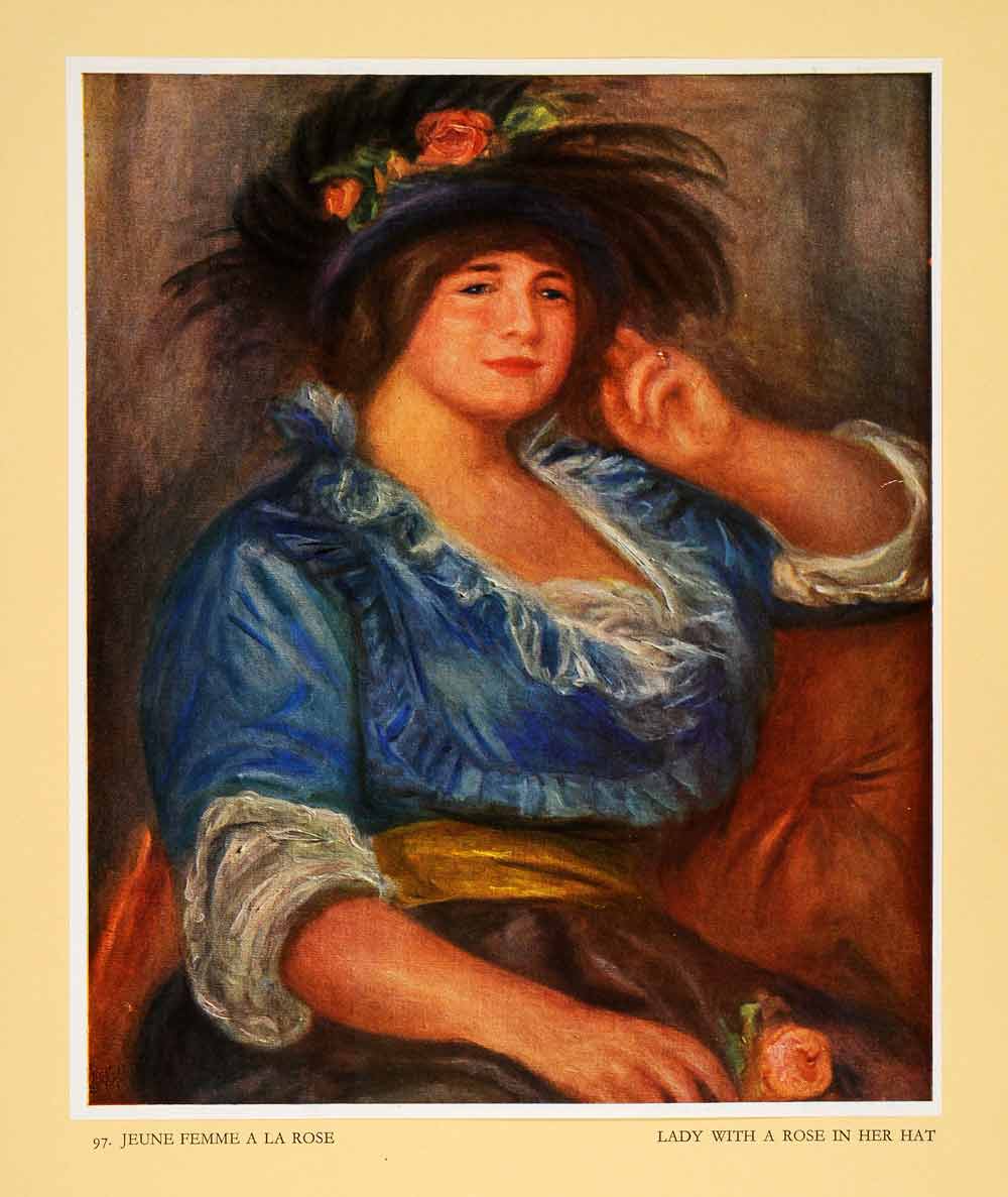 1952 Tipped-In Print Jeune Femme la Rose Lady Hat Portrait Renoir Woman XAG4