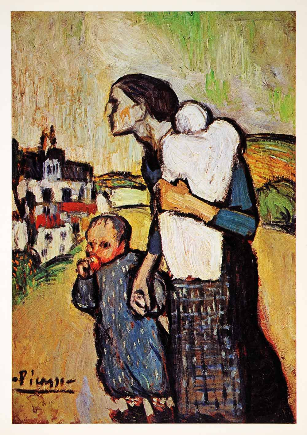 1965 Print Pablo Picasso Mother Child Baby Family Hillside Blue Period Gaunt Art - Period Paper
