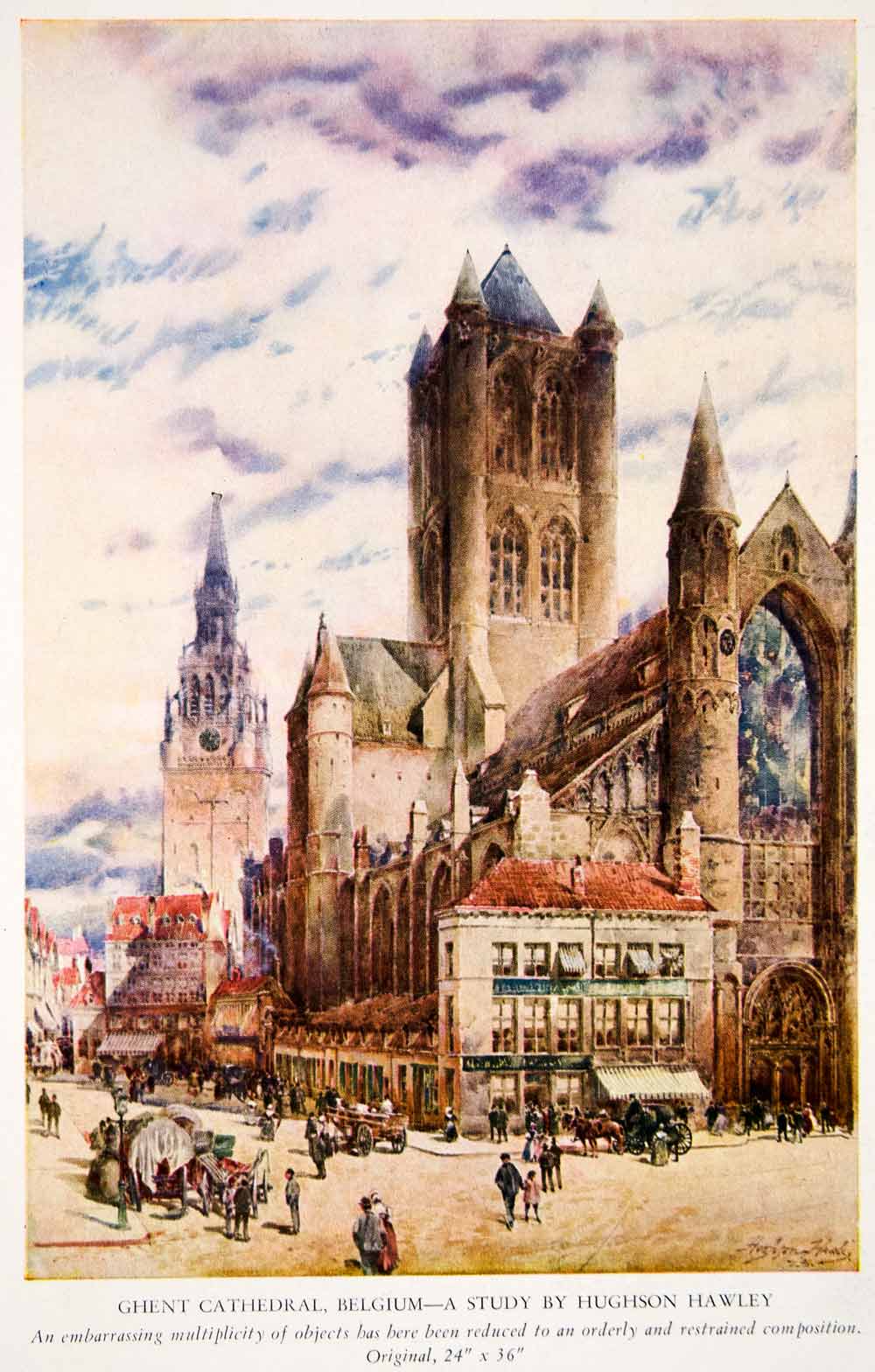 1943 Color Print St Bavo Cathedral Ghent Belgium Church Cityscape Hughson XAW5