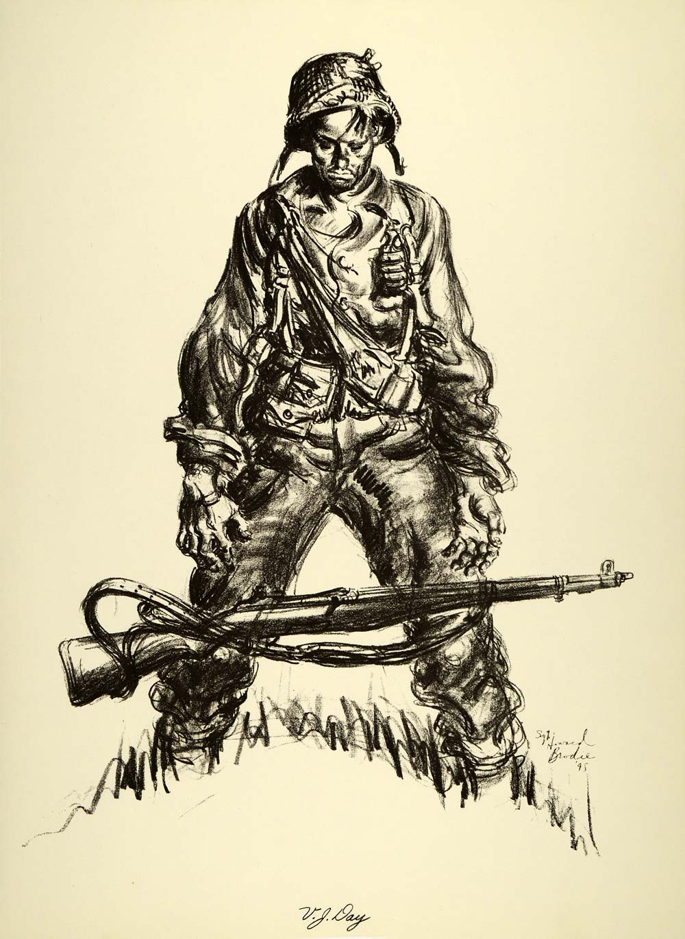 1963 Print Howard Brodie WWII Art Victory Japan Surrender VJ Day Soldier Rifle
