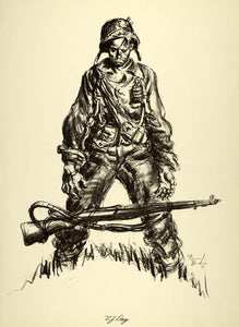1963 Print Howard Brodie WWII Art Victory Japan Surrender VJ Day Soldier Rifle