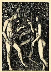 1920 Wood Engraving Edmund J. Sullivan Art Nude Adam Eve Apple Serpent XDA7