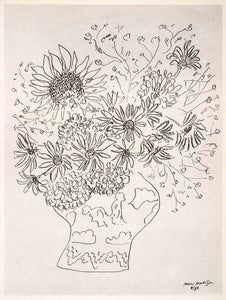 1969 Photolithograph Matisse Sunflower Vase Flowers Pen Ink Sketch Abstract Art