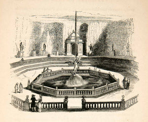 1855 Wood Engraving Fountain Statue Fame Versailles Bosquet Grove Garden XEC3