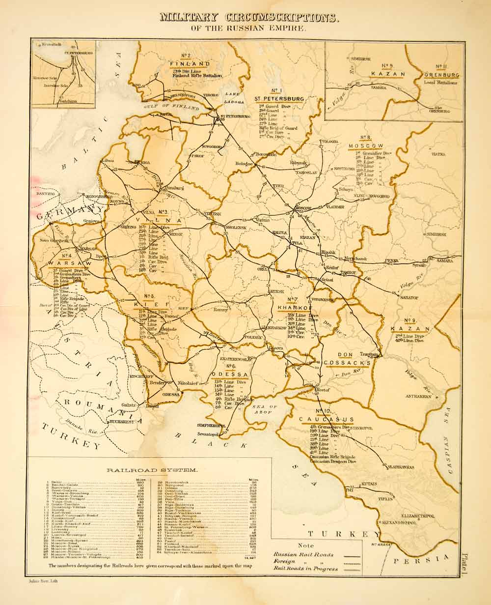 1880 Photolithographed Map Military Circumscriptions Russian Empire XEGA4