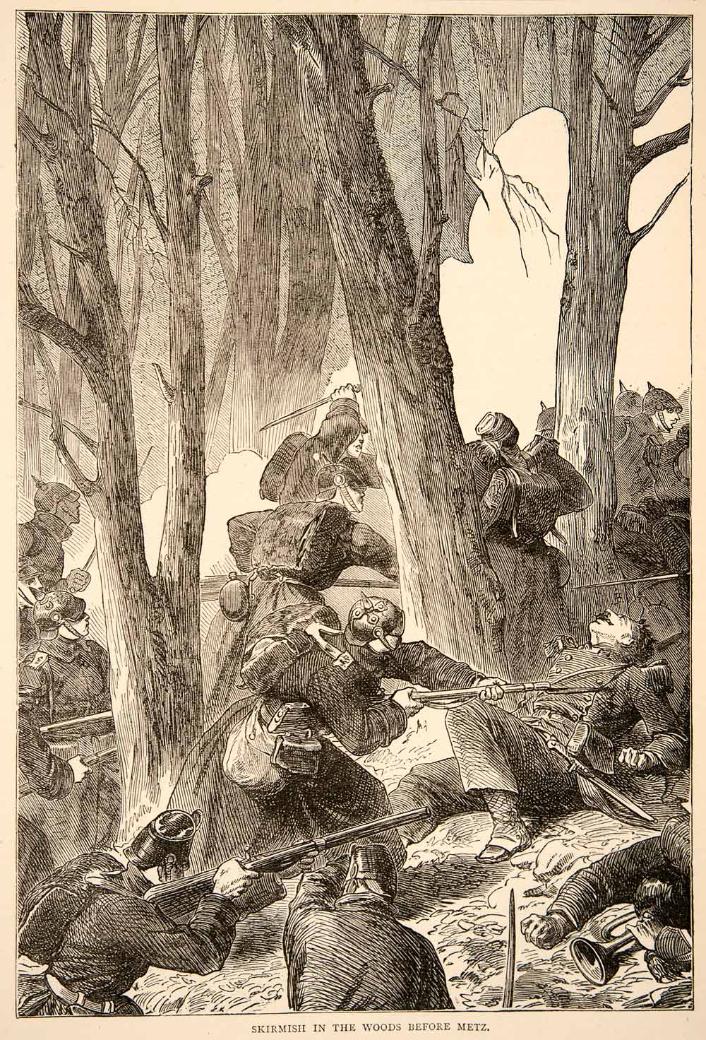 1874 Wood Engraving Skirmish Woods Metz Franco-Prussian War Soldiers Fight XEY1