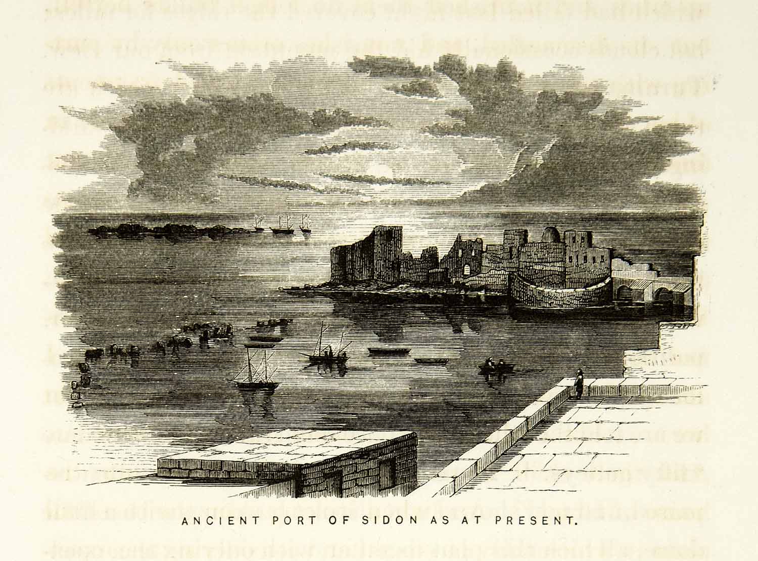 1859 Wood Engraving Port Sidon Lebanon Ruins Harbor Kulat el Bahr Castle XGAG3